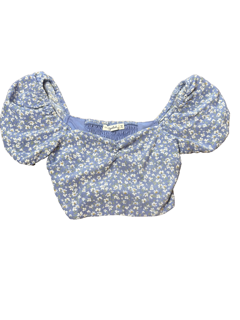 Spoiled Crop Top Womens XS Blue Daisy Puff Sleeve Smocked Square Neck KOLS665J